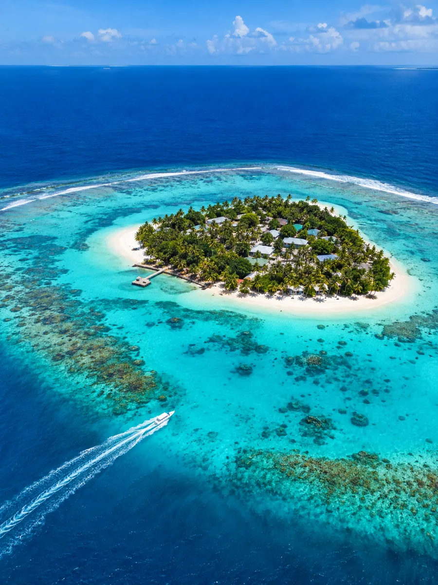 An aerial view of a small Maldivian island with palms, a ring of turquoise lagoon and coral reef, and a boat leaving a white wake