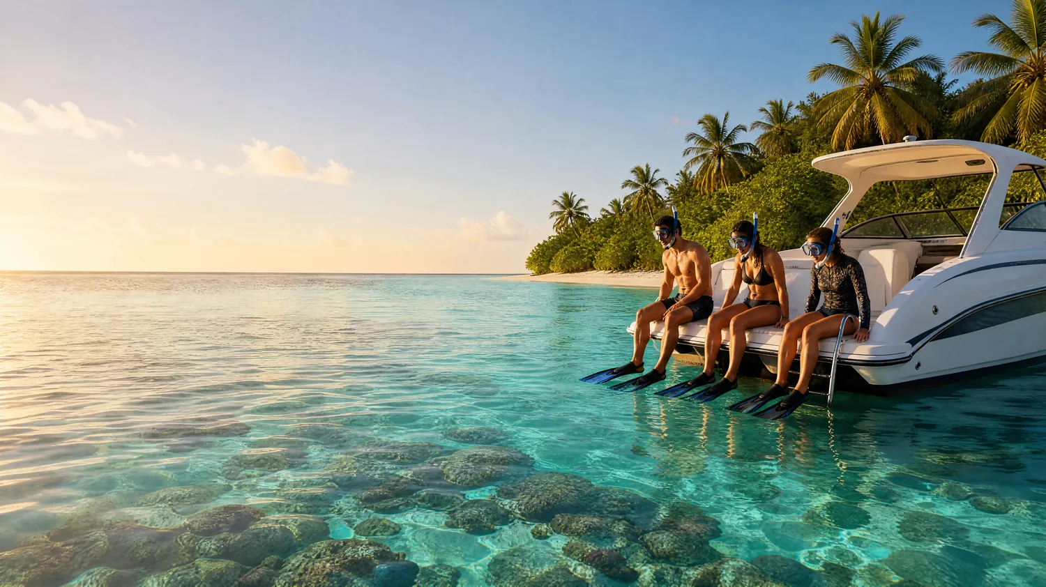 Snorkelers sitting on the stern of a speedboat at the edge of a reef in a turquoise lagoon