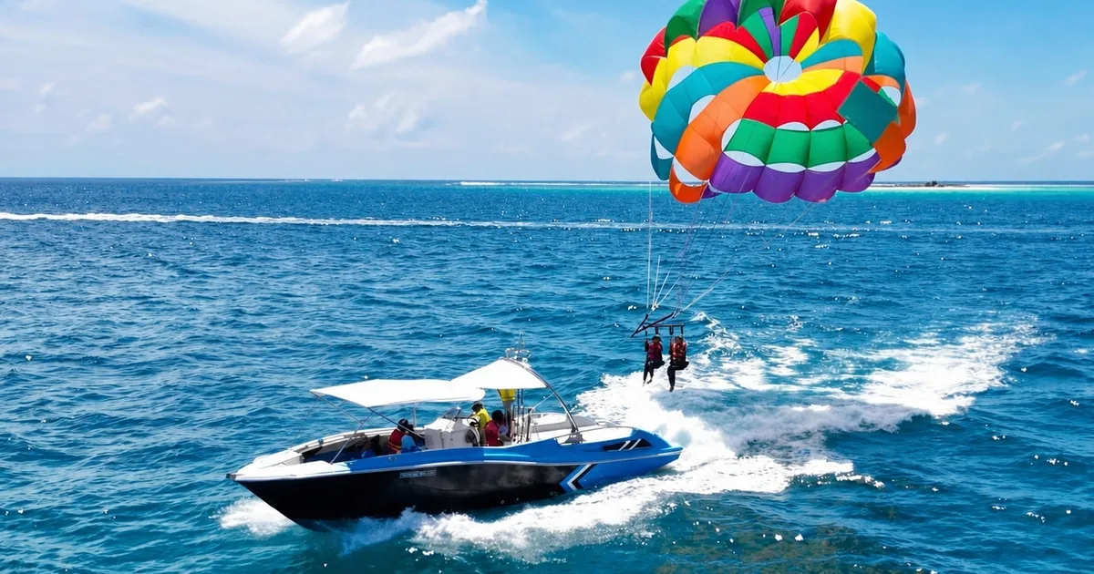 A parasail with a bright rainbow canopy towed by a speedboat over the sea