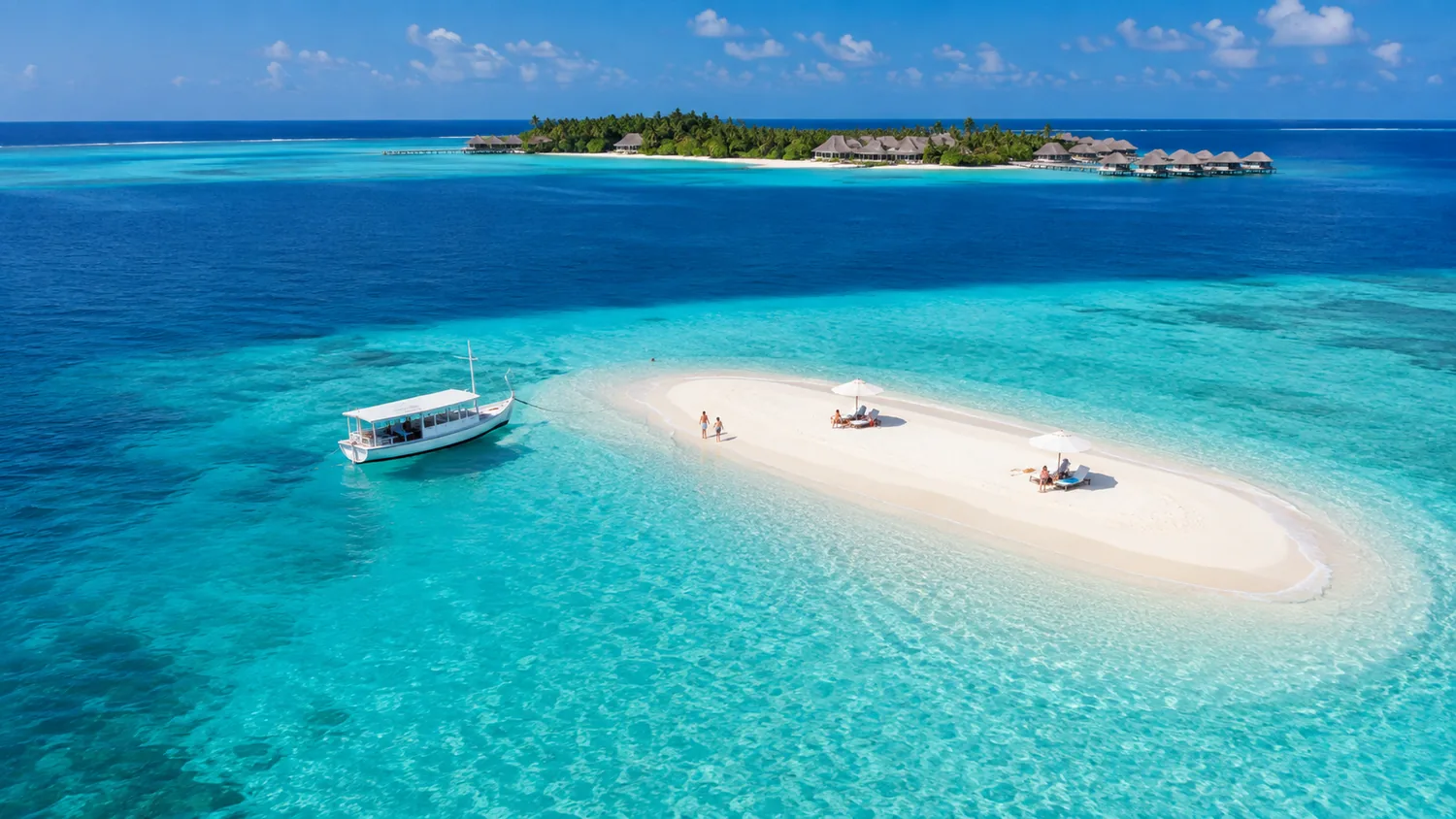 An aerial view of a curved white sandbank with two umbrellas and a few people, a dhoni anchored beside it in a turquoise lagoon