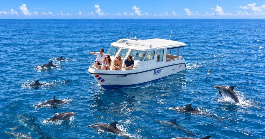 A pod of spinner dolphins swimming beside a small white excursion boat in deep blue water